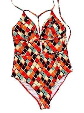 CUPSHE ~ Colorful Orange Teal and Brown Geometric Print 1-Piece Swimsuit